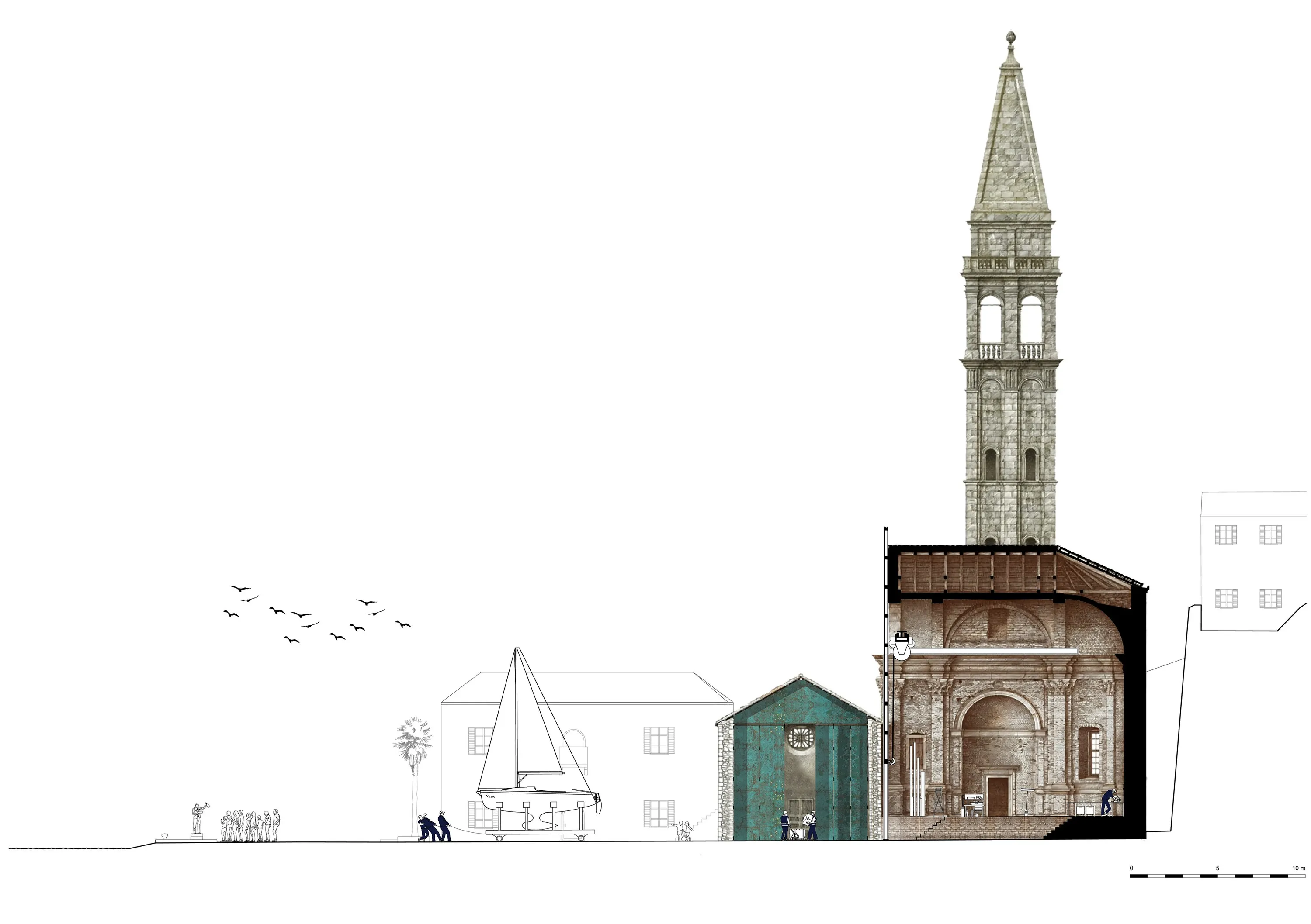 Schnitt durch Kirche und Ufer